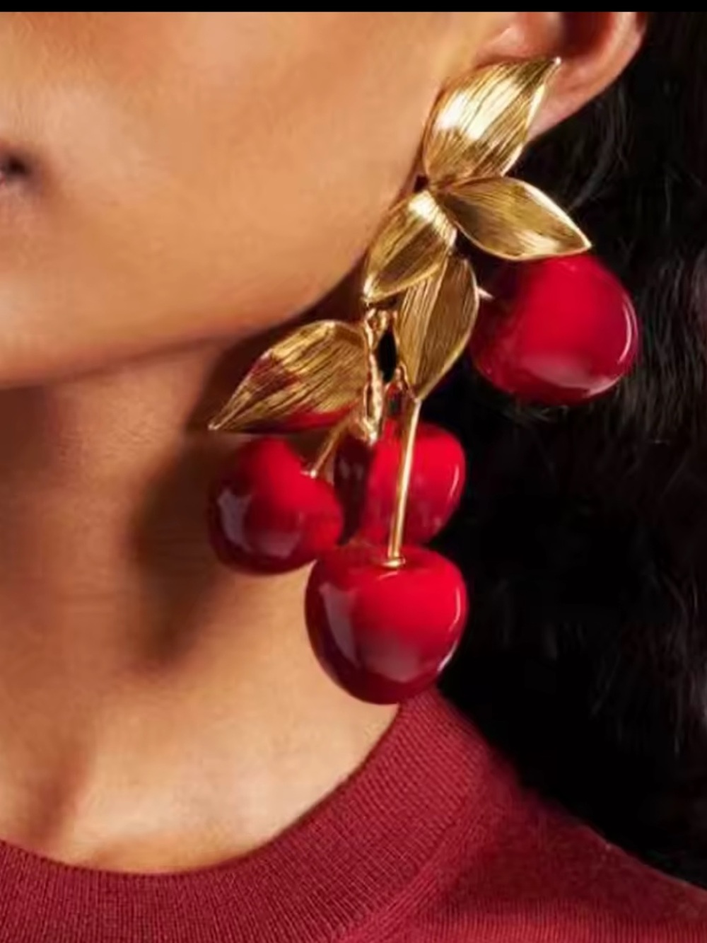 Vintage Gold-Tone Cherry Drop Earrings with Red Accents - Women Jewelry